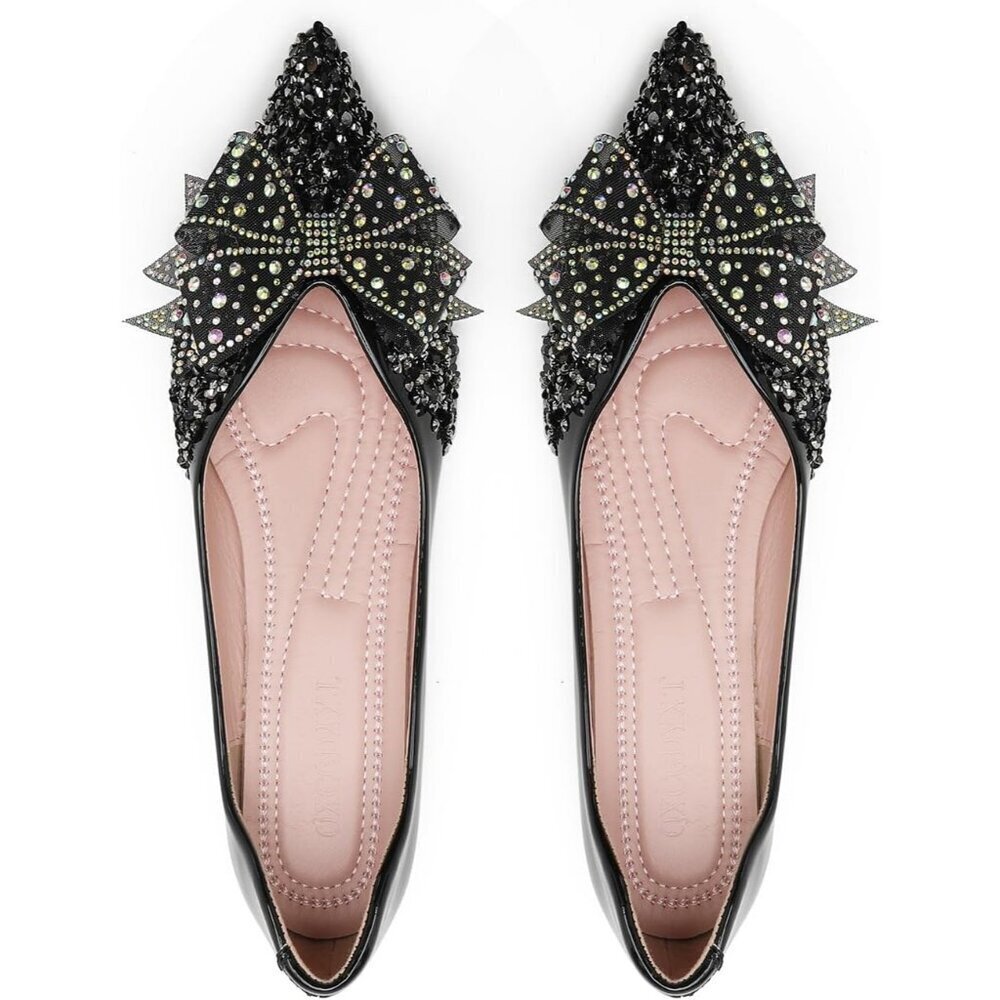 Women's Black Rhinestone Wedding Flats Comfort Pointed Toe Ballet Flat Shoe - Picture 3 of 7